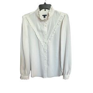 Ann Taylor Button Front Ruffle Shirt White Women’s size Large